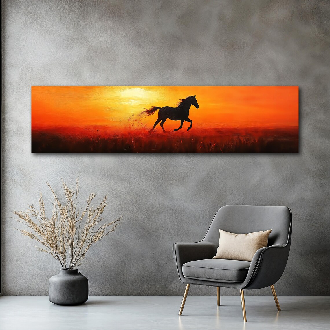 Running Horse Fiery Sunset Panoramic Silhouette Gallop Art Poster - Image 2