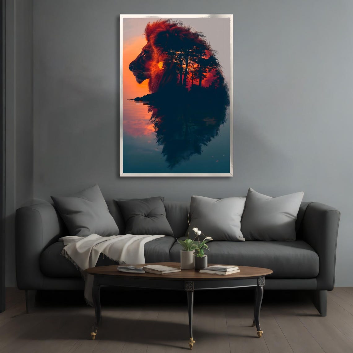 Lion Profile Sunset Forest Double Exposure Wildlife Art Poster - Image 3