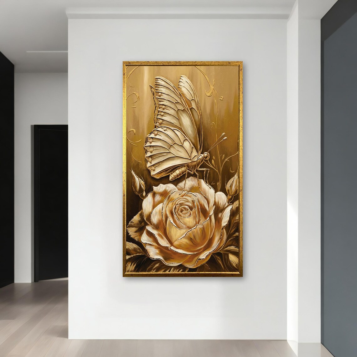 Golden Butterfly on Golden Rose Metallic Luxury Nature Art Poster - Image 3
