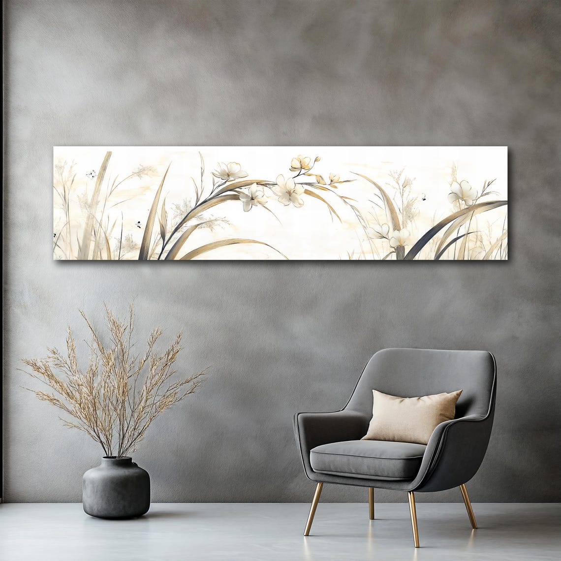Minimalist Cream Floral Botanical Grasses Panoramic Wall Art Poster - Image 2