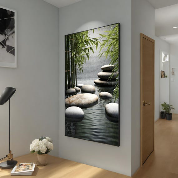 Zen Bamboo And Stones Wall Art Tranquil Nature Decor Zen Garden Painting Relaxing Water Scene Ready To Hang Gift Idea