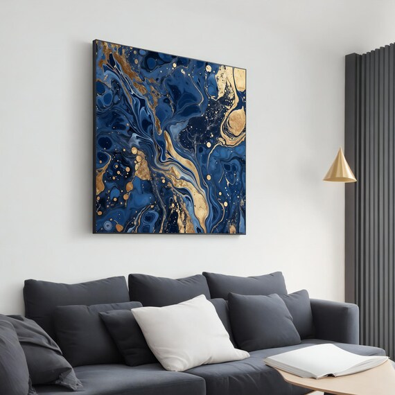 Navy Blue And Gold Abstract Art Elegant Marble Texture Wall Decor Luxurious Fluid Art Painting Modern Home Decor Unique Gift
