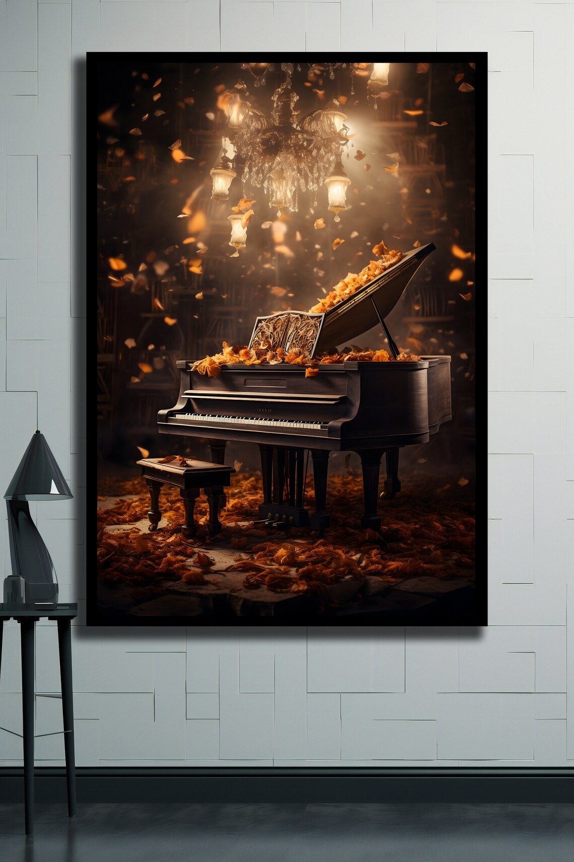Grand Piano Autumn Leaves Chandelier Dramatic Music Art Print - Image 2