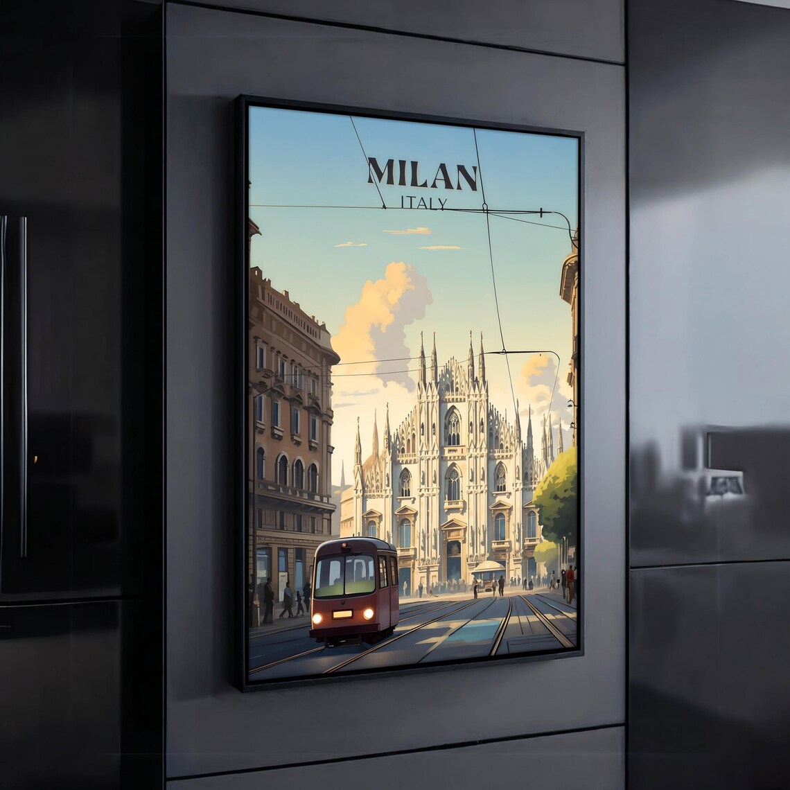Vintage Milan Italy Duomo Cathedral Red Tram Retro Travel Poster