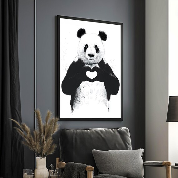 Sweet Panda Holding Heart Black And White Cute Animal Love Poster