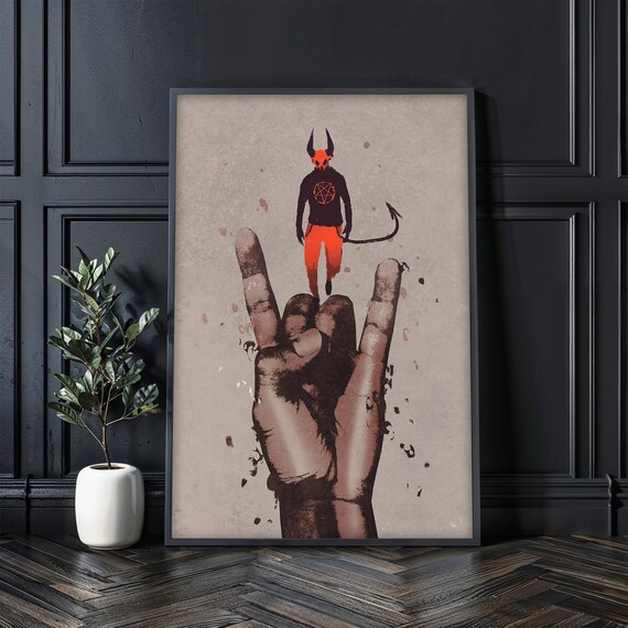 Devil Standing on Rock Hand Dark Fantasy Red Demon Art Poster
