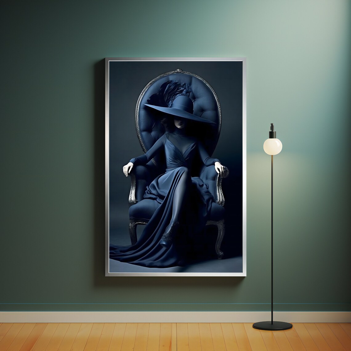 Mysterious Woman Blue Gown Wide Brim Hat Ornate Chair Gothic Glam Wall Poster - Image 4