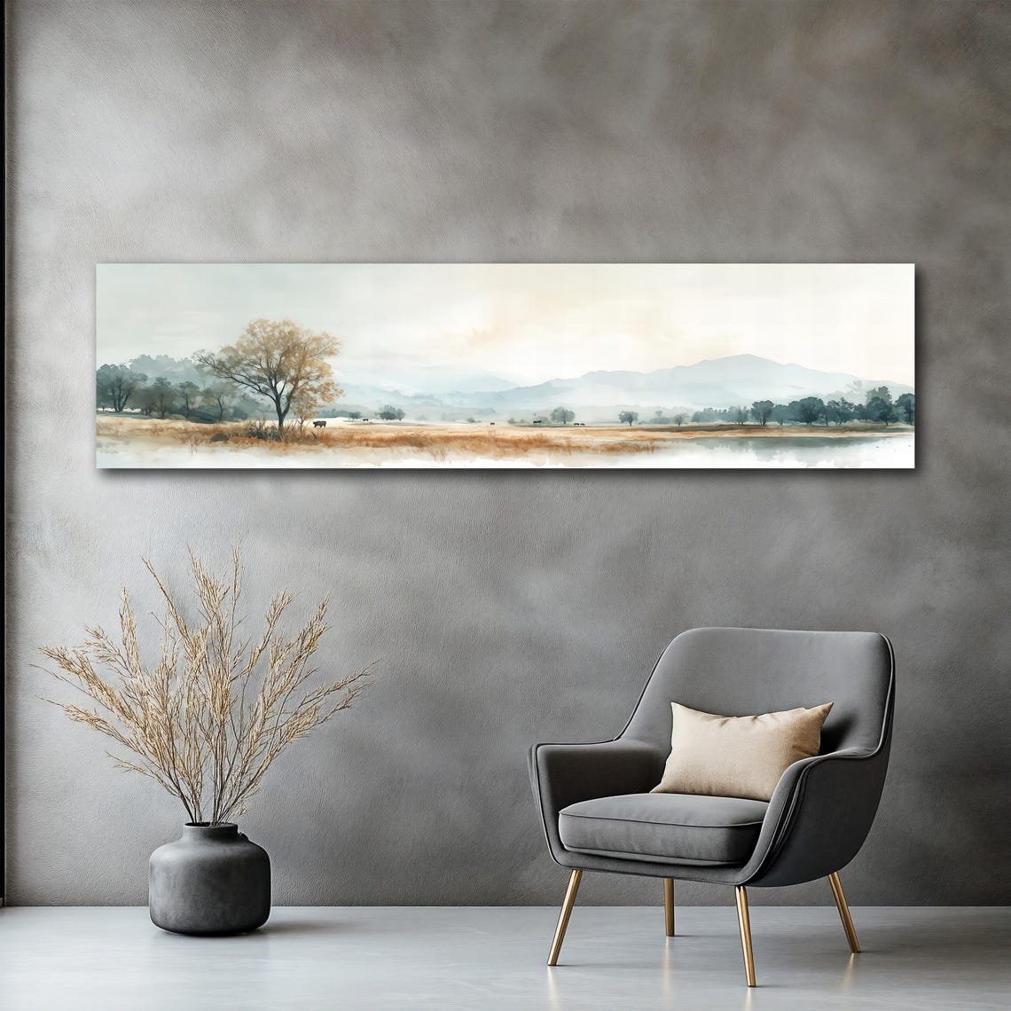 Panoramic Neutral Autumn Tree Meadow River Landscape Wall Art Poster - Image 2