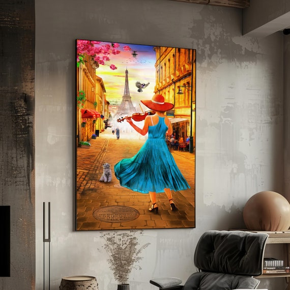 Print Eiffel Tower Violinist Art Room Decor Vintage Woman In Blue Dress Peaceful Wall Decor For Home Gift