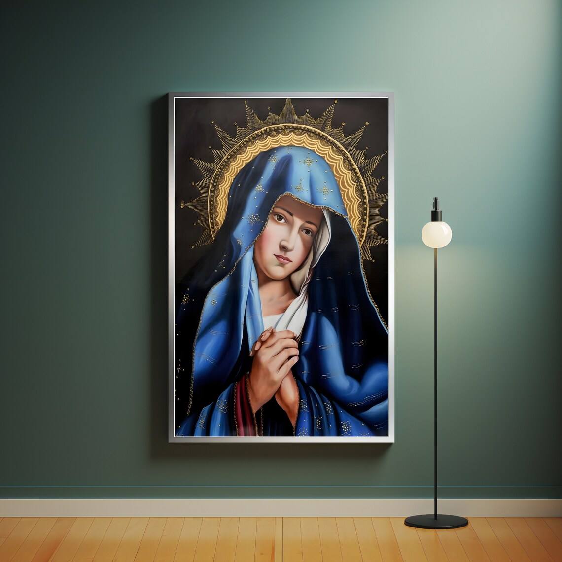 Virgin Mary In Blue Mantle With Golden Halo Sacred Catholic Art Poster - Image 4