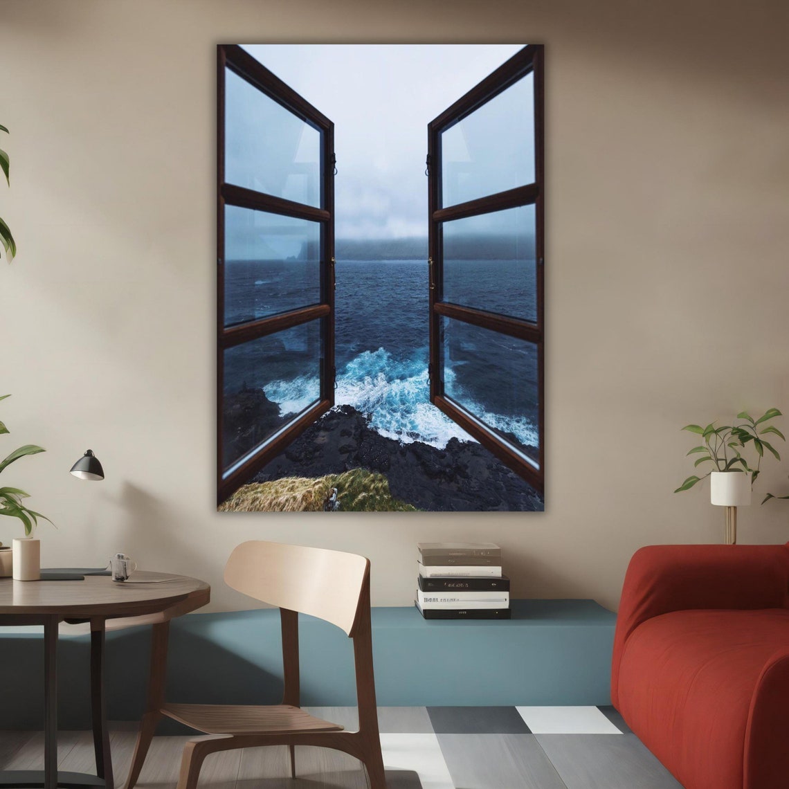 Open Window Ocean Waves Rocky Coast Faux Window View Art Poster - Image 4