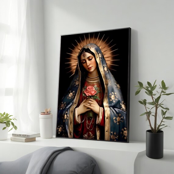 Virgin Mary With Rose Golden Halo Religious Devotion Art Print