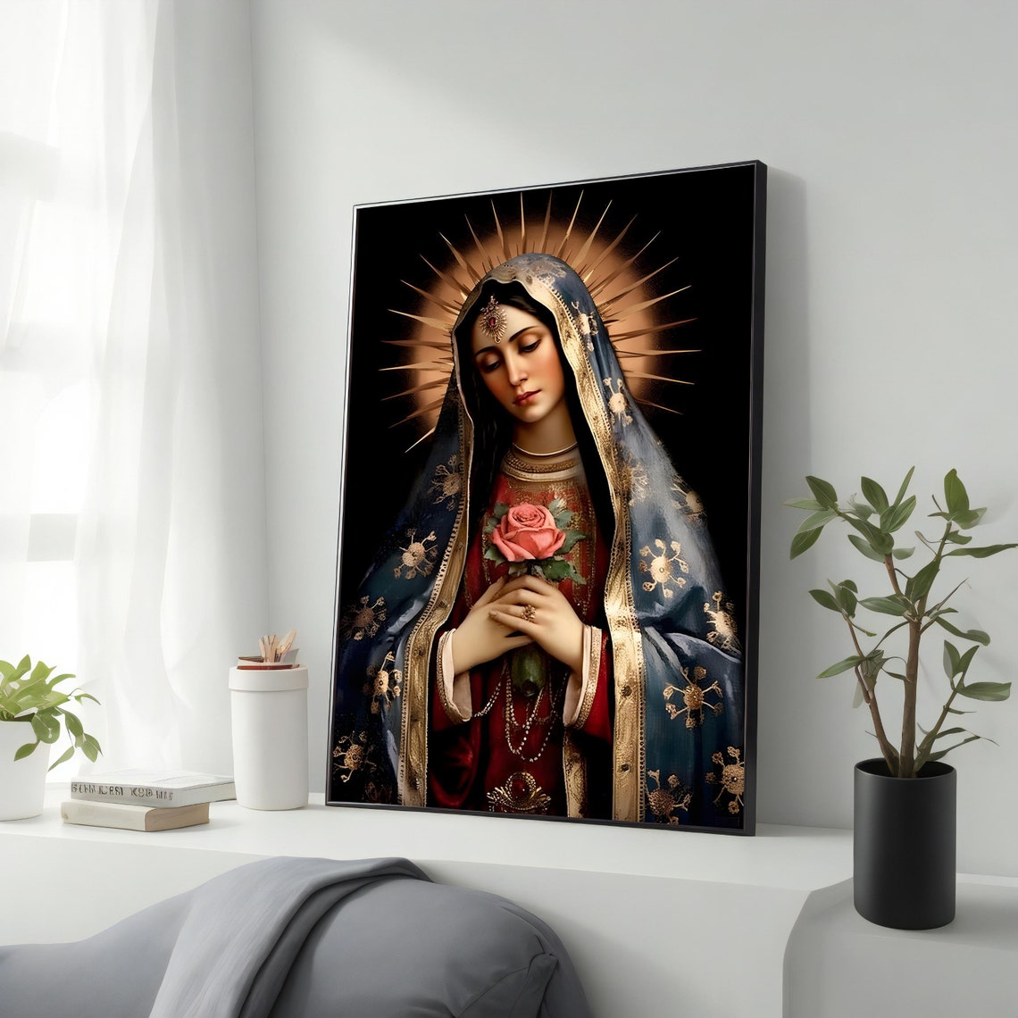 Virgin Mary With Rose Golden Halo Religious Devotion Art Print