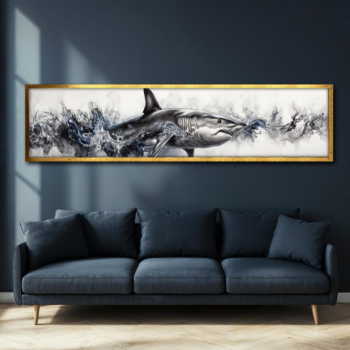 Great White Shark Ink Splash Panoramic Ocean Animal Art Poster