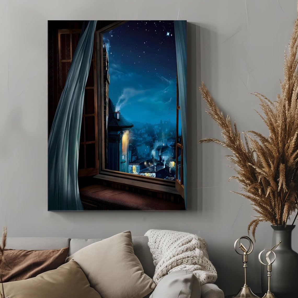 Open Window Night View Starry Sky Old Town Rooftops Travel Poster - Image 4