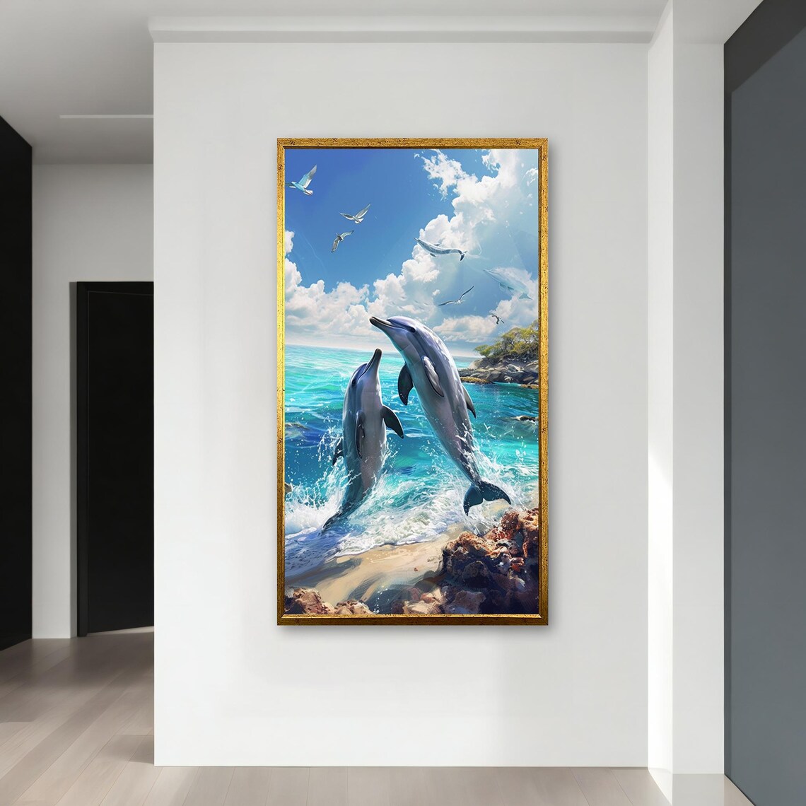 Dolphin Fish Painting Dolphins Jumping Ocean Art Coastal Wall Decor Seascape Wall Art Beach House Gift - Image 3