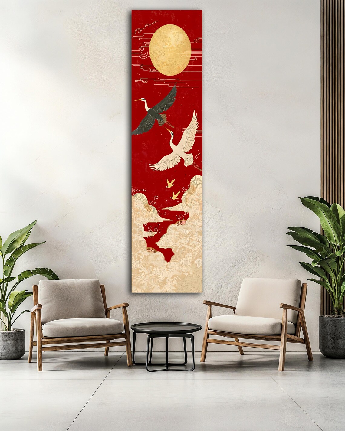 Japanese Cranes Gold Sun Red Sky Asian Style Vertical Art Poster - Image 2