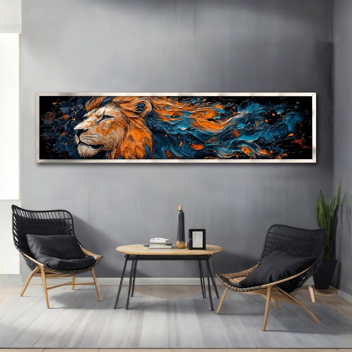 Abstract Lion Profile Orange Blue Mane on Black Panoramic Wall Art Poster - Image 4