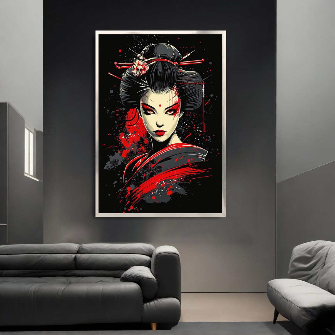 Japanese Geisha Red Black Pop Art Splash Warrior Woman Wall Art Poster - Image 3