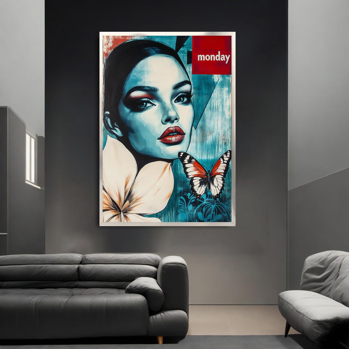 Pop Art Woman Butterfly Monday Teal Portrait Modern Wall Poster - Image 3