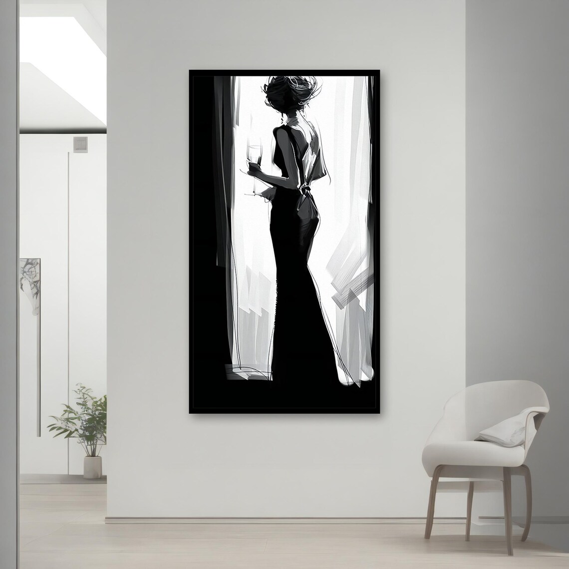 Black White Elegant Woman Gown Champagne Fashion Silhouette Art Poster - Image 2