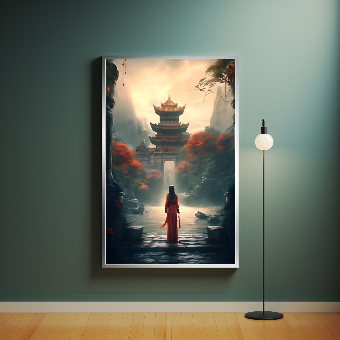 Woman in Red Dress Before Misty Pagoda Temple Waterfall Art Poster - Image 4