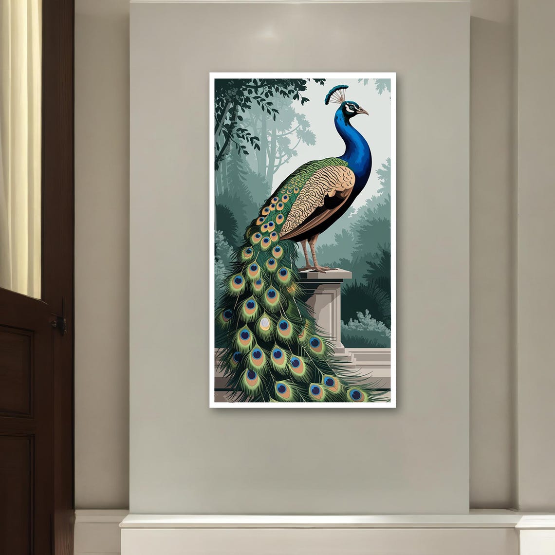 Peacock Standing on Stone Pedestal Misty Garden Long Tail Art Poster - Image 2