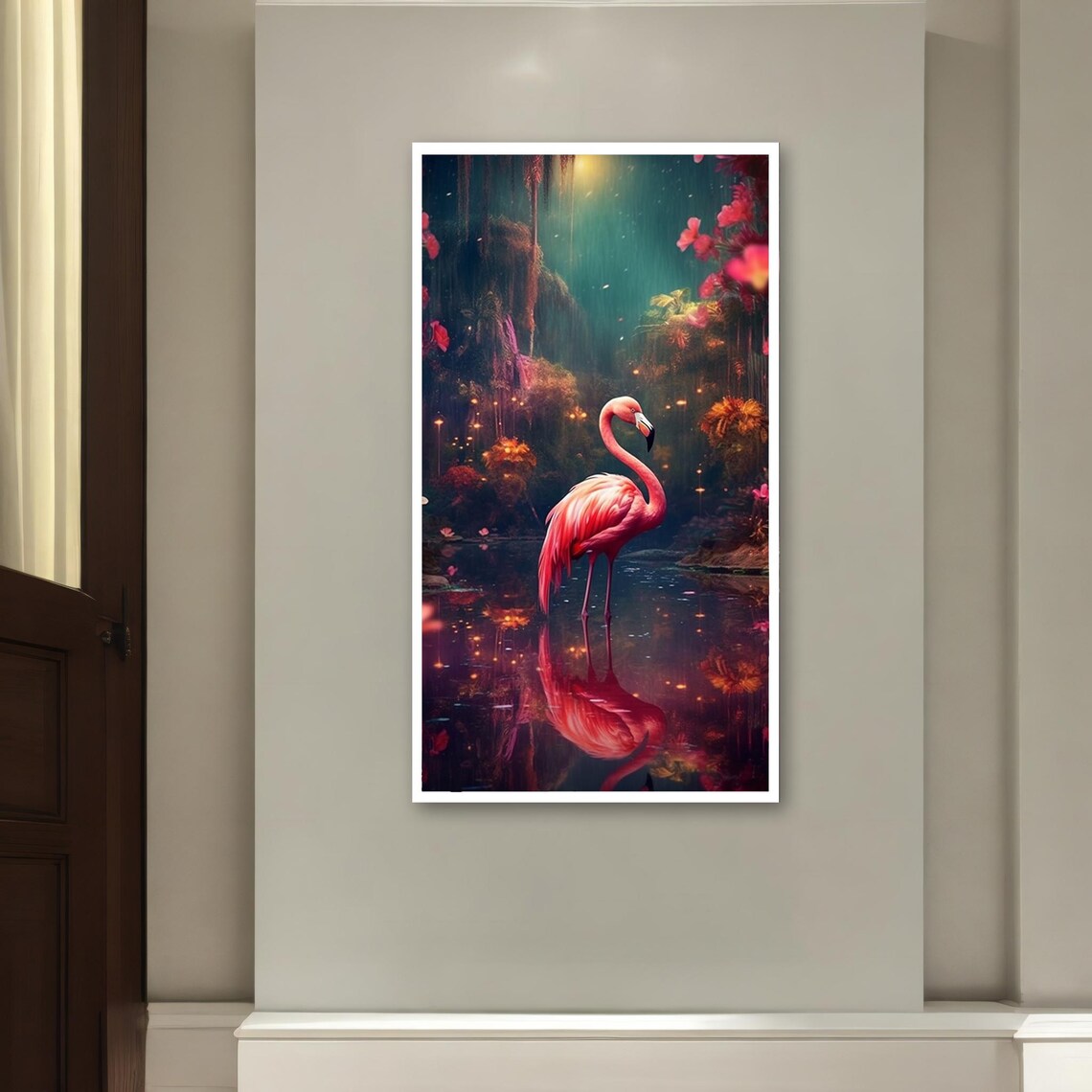 Pink Flamingo in Enchanted Forest Pond Reflection Magical Art Poster - Image 2