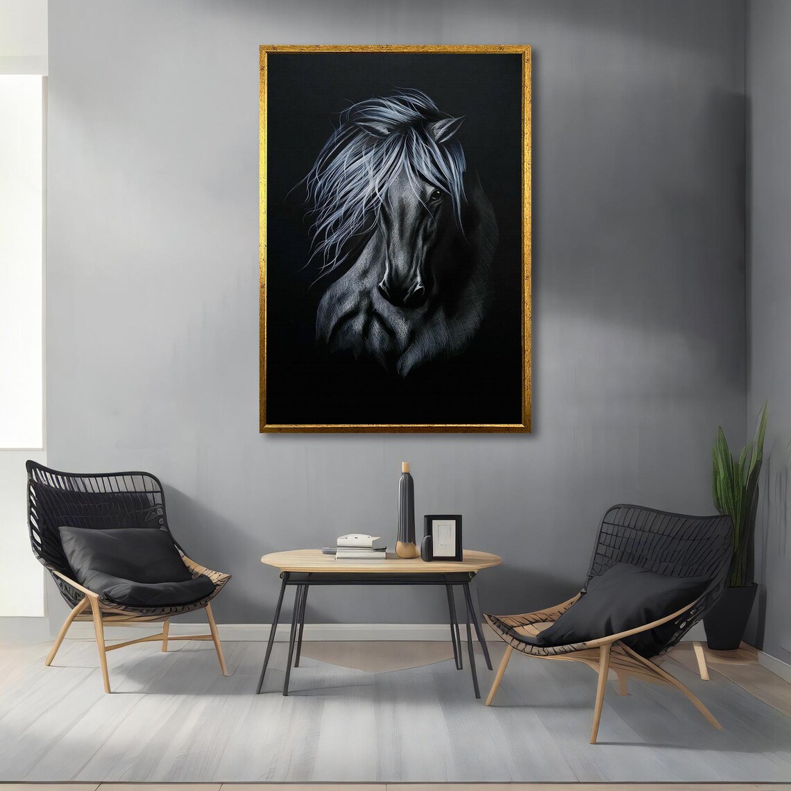 Black Horse With Silver Flowing Mane Dark Dramatic Equine Art Poster - Image 3