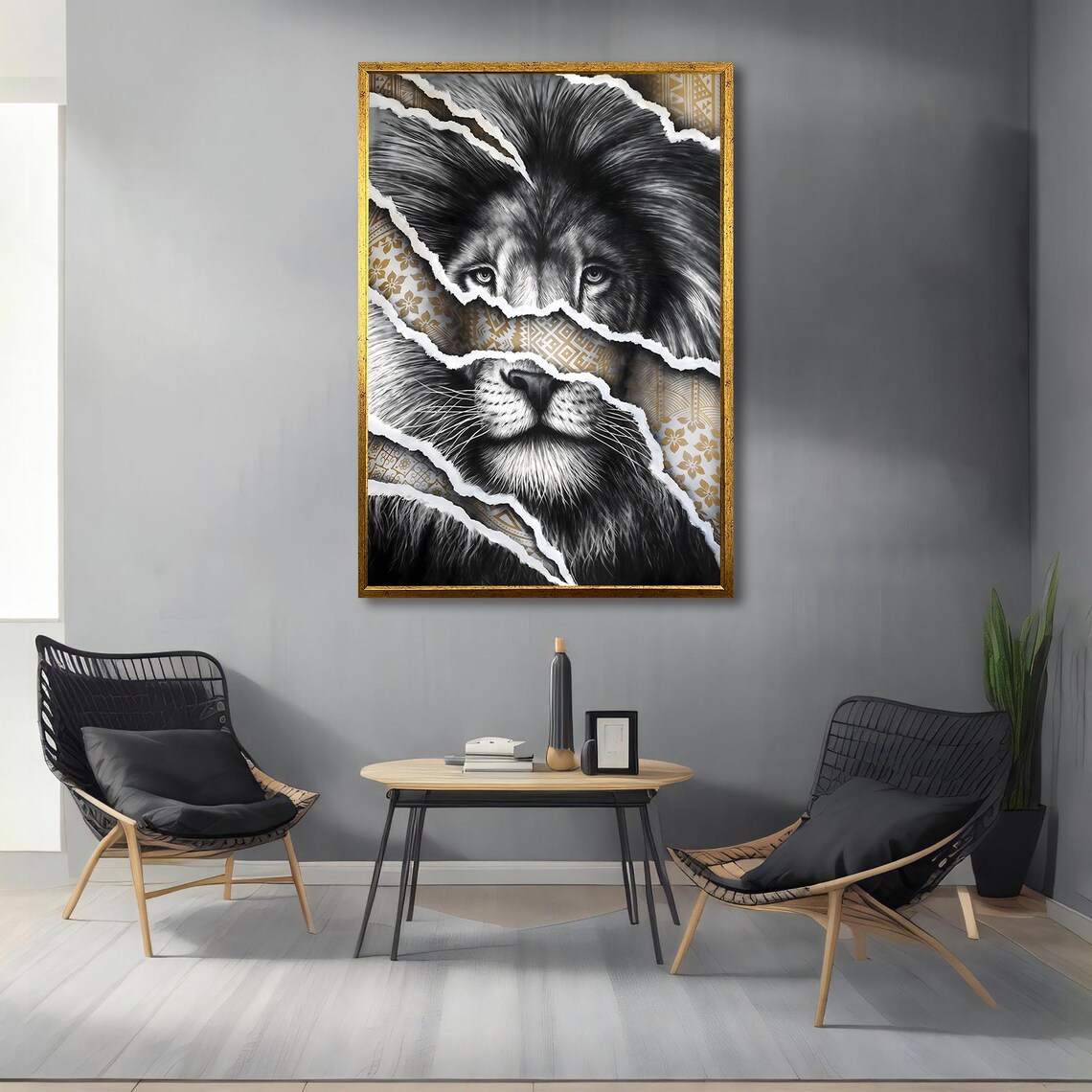 Lion Face Torn Paper Gold Tribal Pattern Bold Wildlife Poster - Image 4