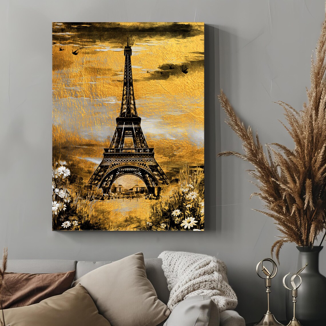 Eiffel Tower Golden Sunset Painting Daisies Paris France Travel Poster - Image 3