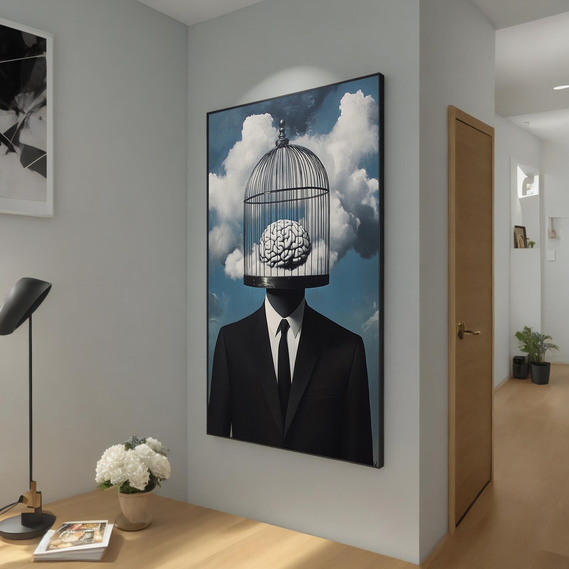 Surreal Brain In Cage Painting Thought Provoking Wall Decor Modern Surrealism Wall Art Unique Abstract Artwork Gift Idea