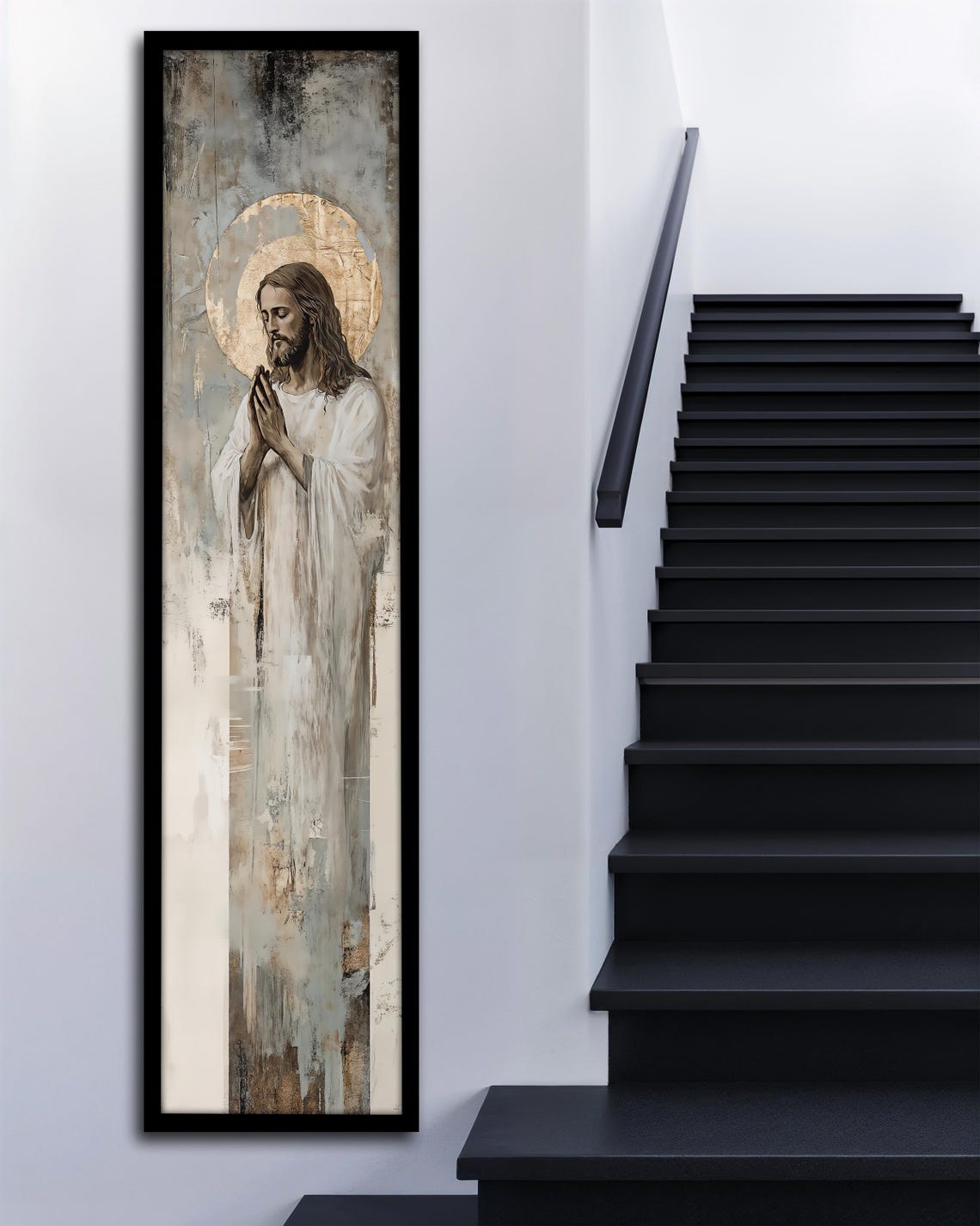 Jesus Christ Praying Golden Halo Elegant Religious Vertical Art Poster - Image 3