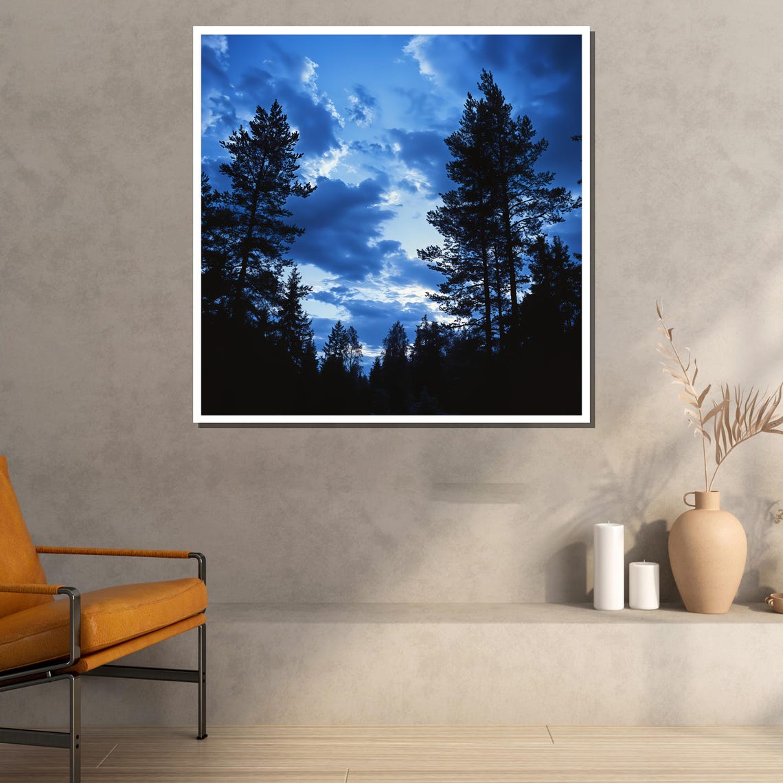 Blue Forest Night Sky Pine Tree Silhouettes Moody Nature Wall Poster - Image 2