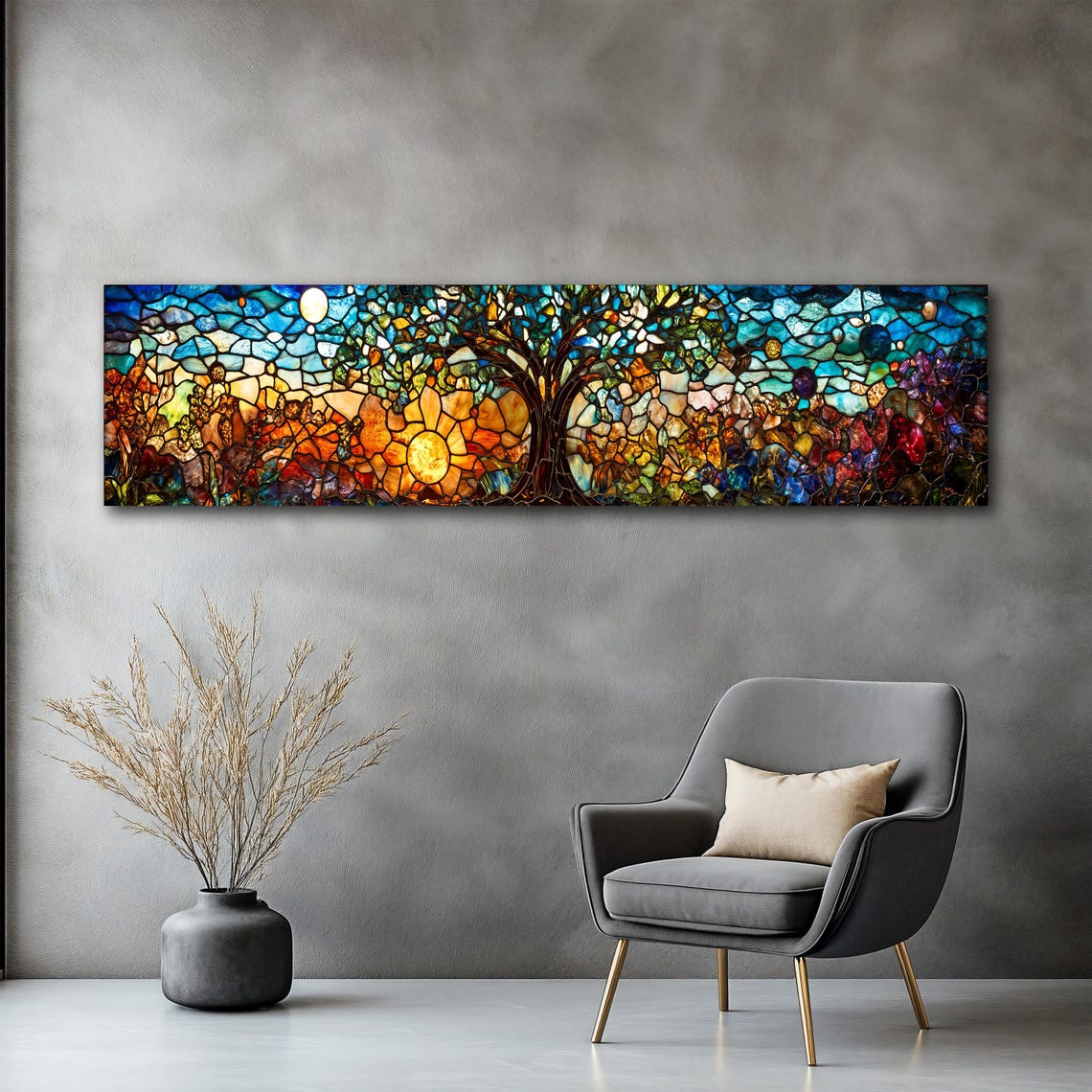 Tree of Life Sunset Stained Glass Mosaic Panoramic Colorful Art Poster - Image 2