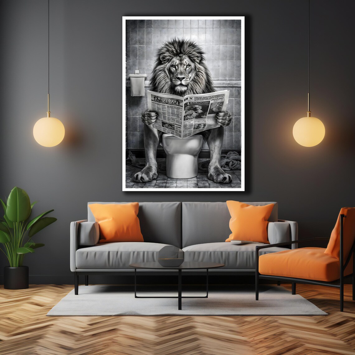 Funny Lion Reading Newspaper On Toilet Black White Bathroom Poster - Image 3