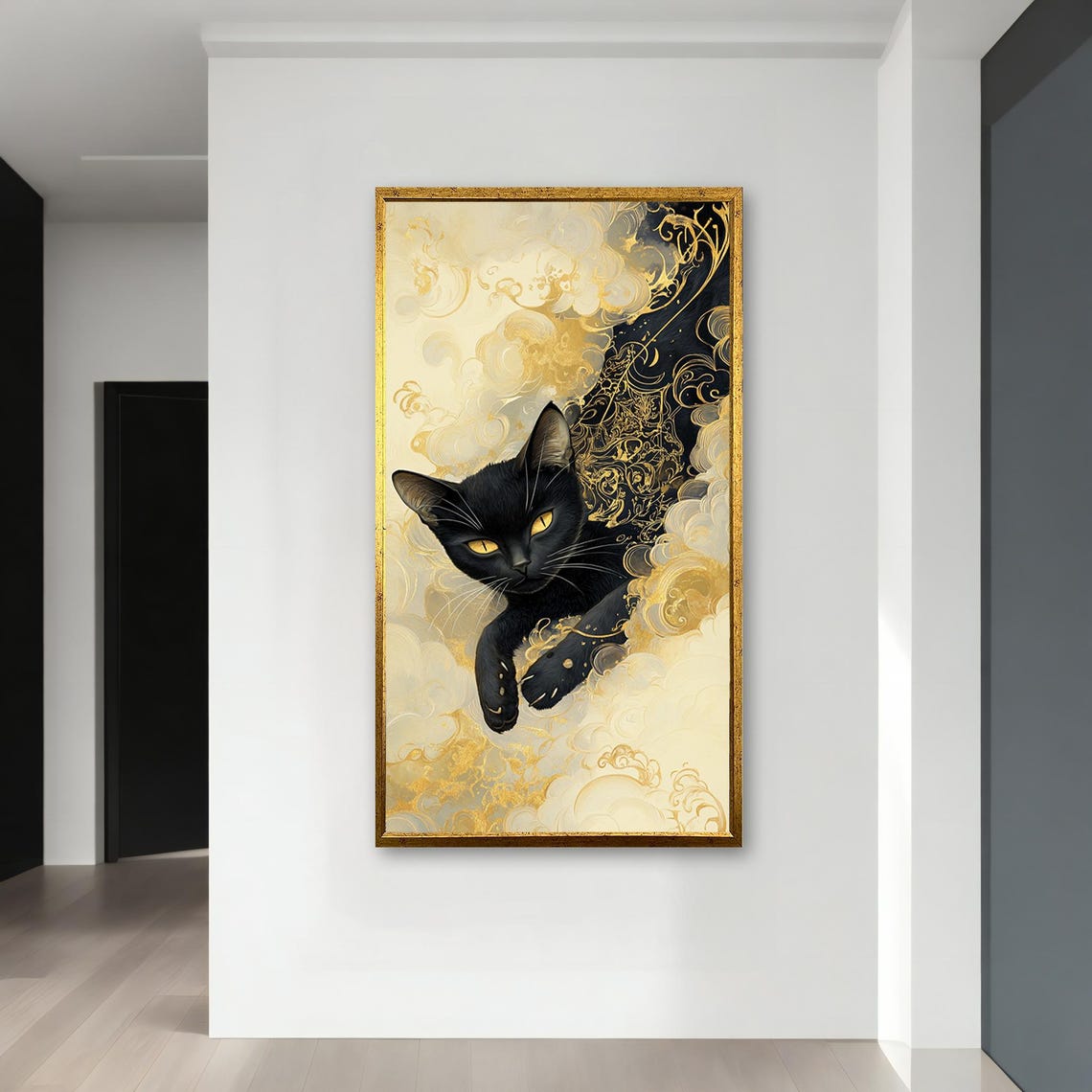 Black Cat Emerging from Golden Clouds Mystical Feline Art Poster - Image 3