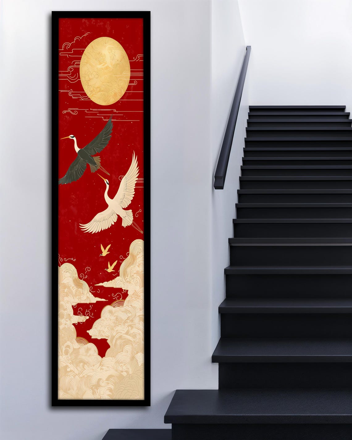 Japanese Cranes Gold Sun Red Sky Asian Style Vertical Art Poster - Image 3