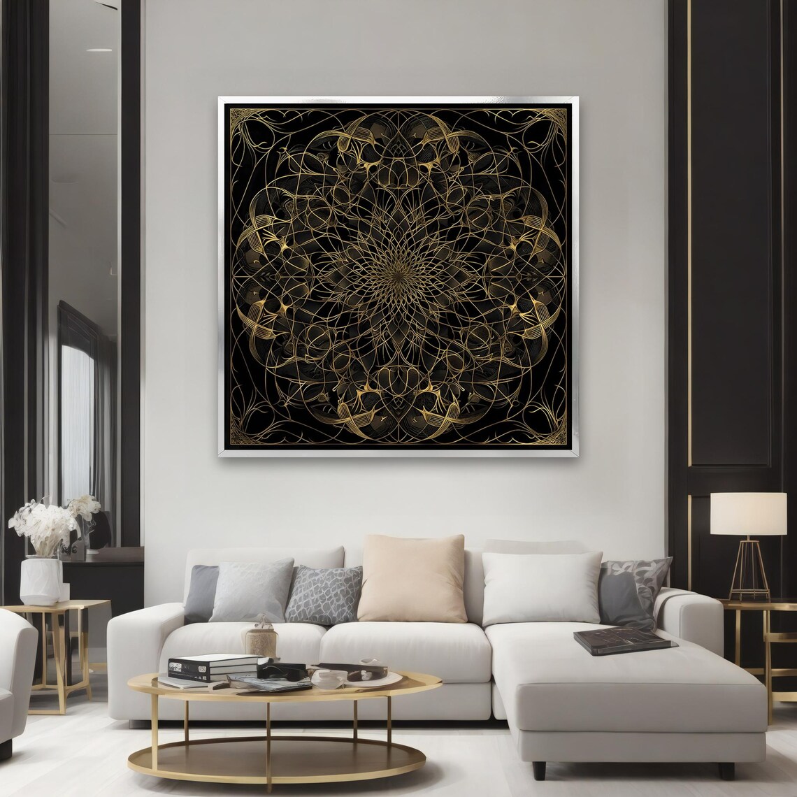 Luxury Gold Line Geometric Mandala Black Background Elegant Boho Wall Poster - Image 2