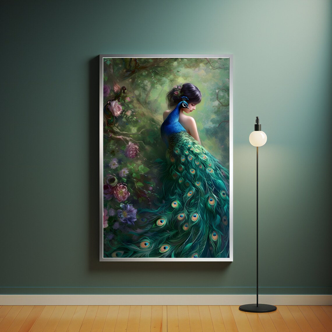 Fantasy Woman In Peacock Feather Gown Garden Floral Art Print - Image 4