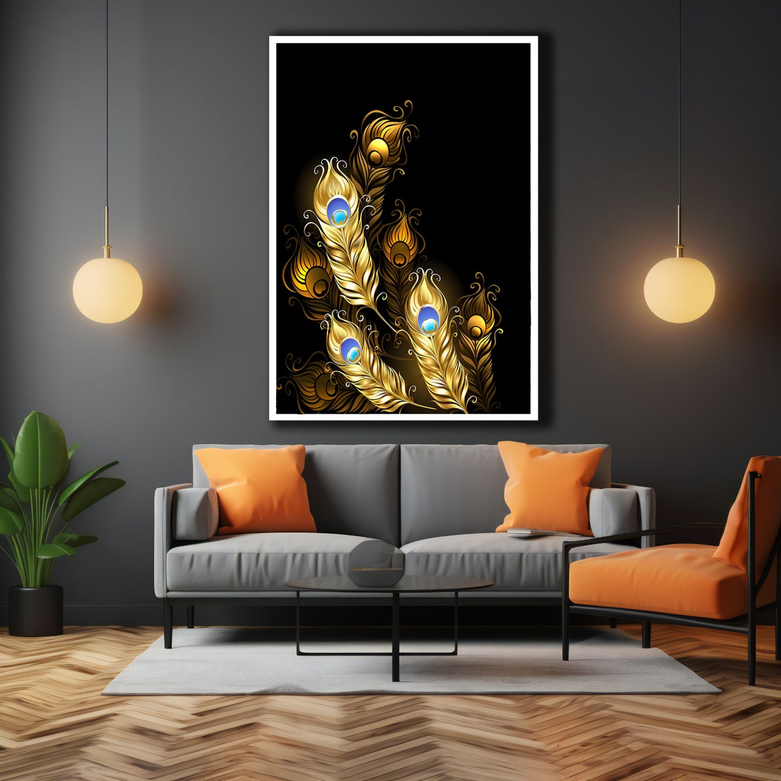 Golden Peacock Feathers On Black Elegant Luxury Wall Art Poster - Image 3