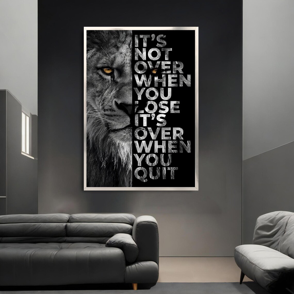 Lion Motivational Quote Its Not Over When You Quit Black White Wall Poster - Image 3