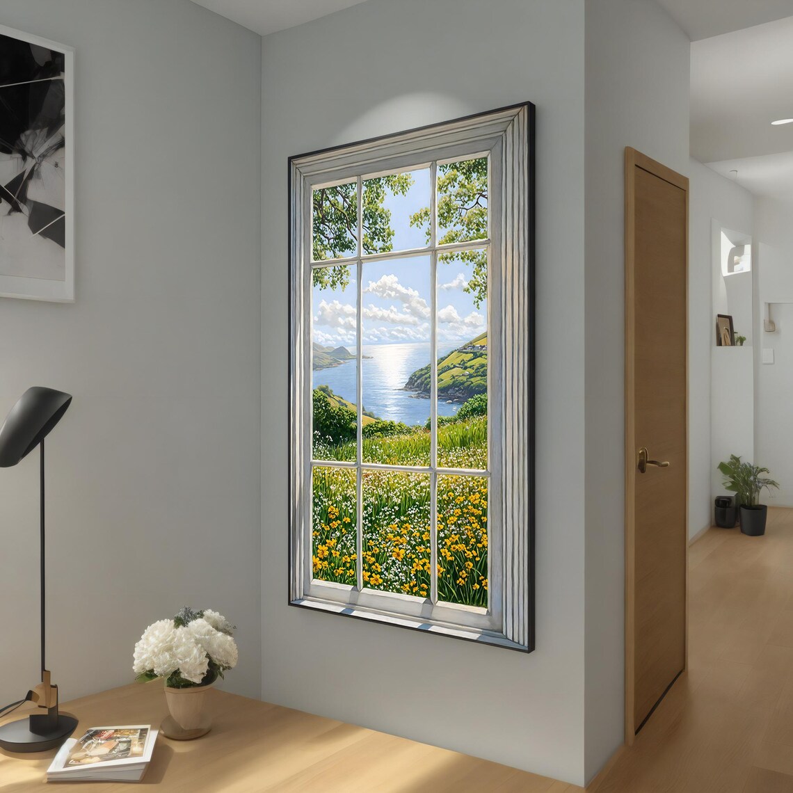 Coastal Cliff Seascape Fake Window View Wildflower Meadow Art Poster