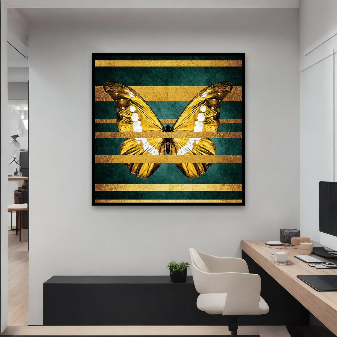 Golden Butterfly On Striped Print Modern Wall Art Ready To Hang Modern Home Decor Unique Nature Decor Gift Idea - Image 4