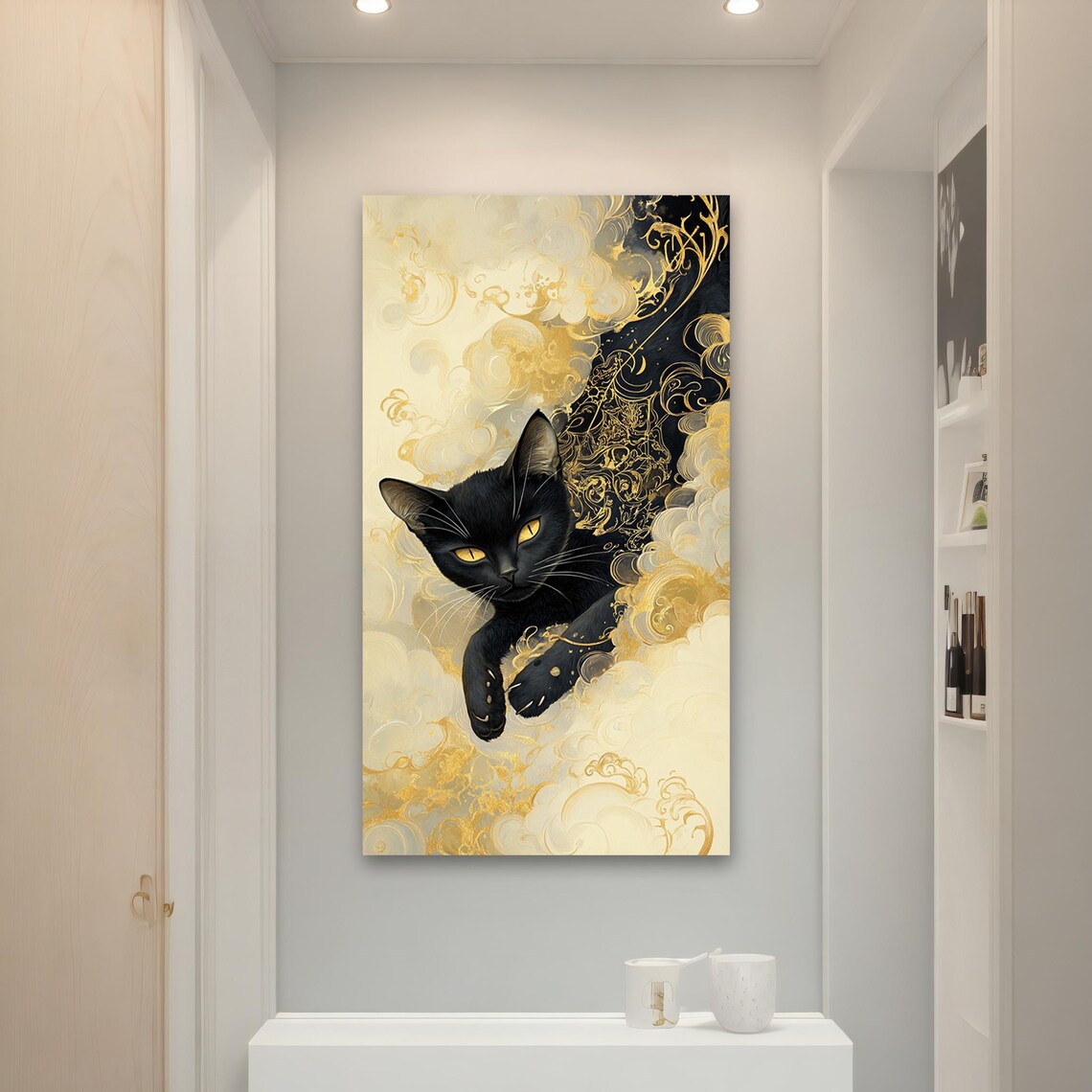 Black Cat Emerging from Golden Clouds Mystical Feline Art Poster - Image 4