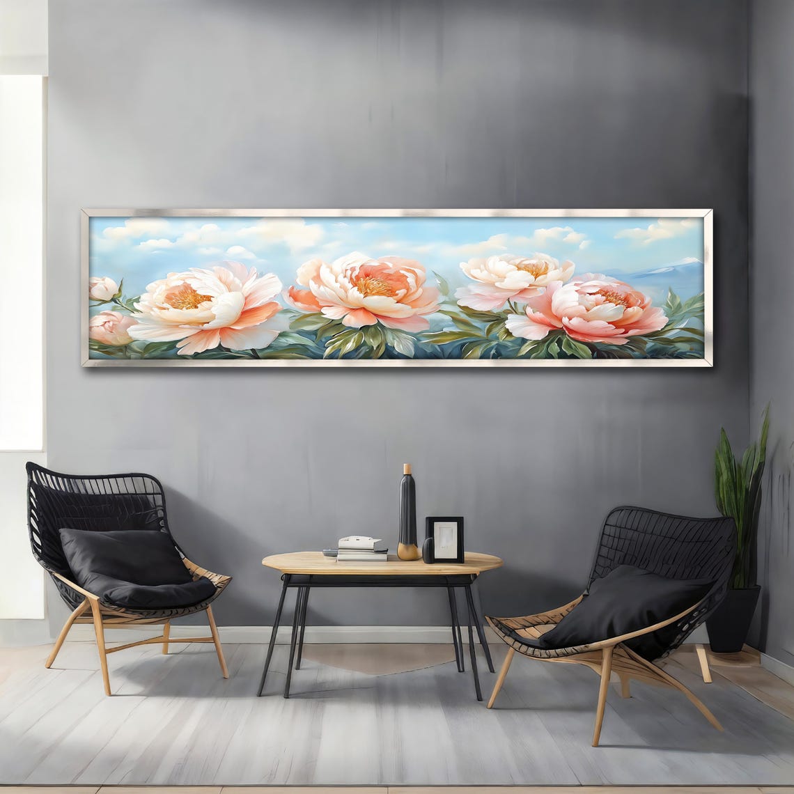 Soft Pink Peonies Under Blue Sky Panoramic Floral Wall Art Poster - Image 4