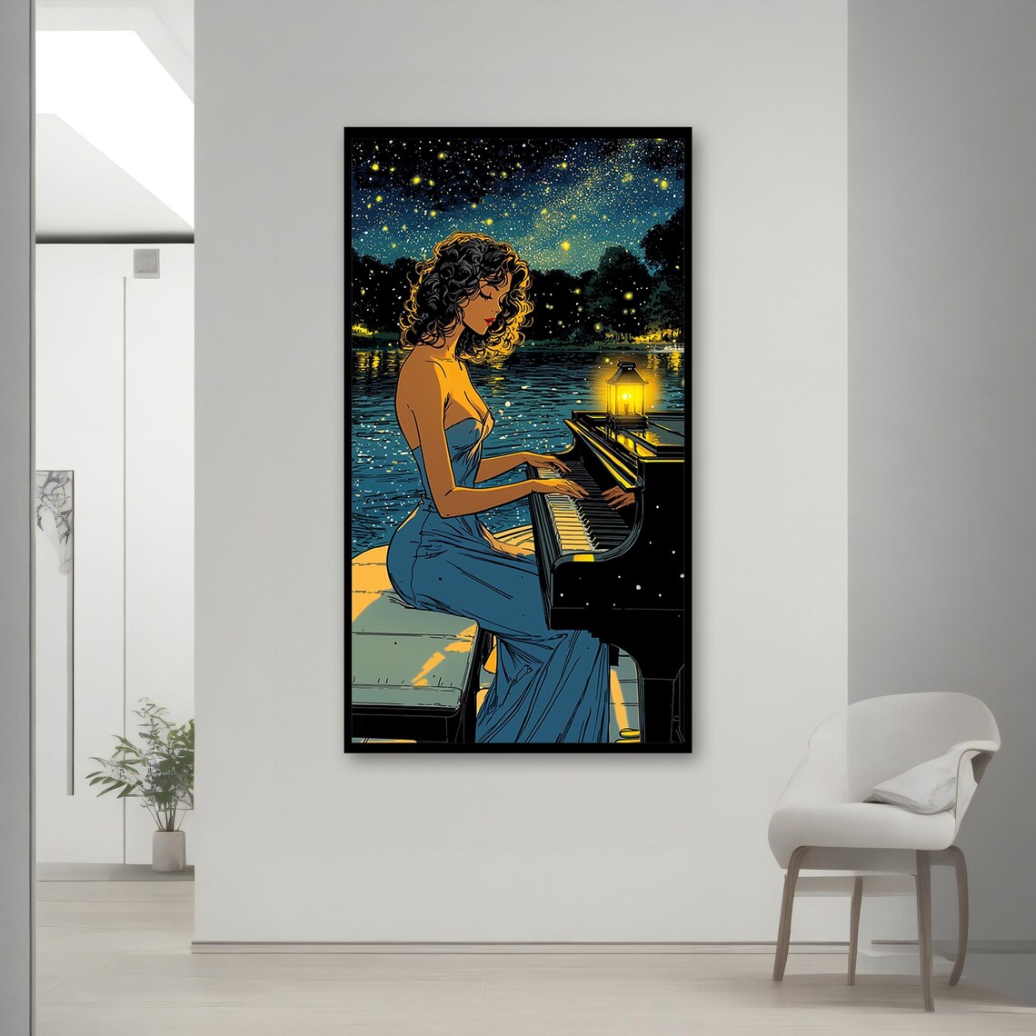 Woman Playing Grand Piano by Moonlit Lake Starry Night Music Art Poster - Image 2