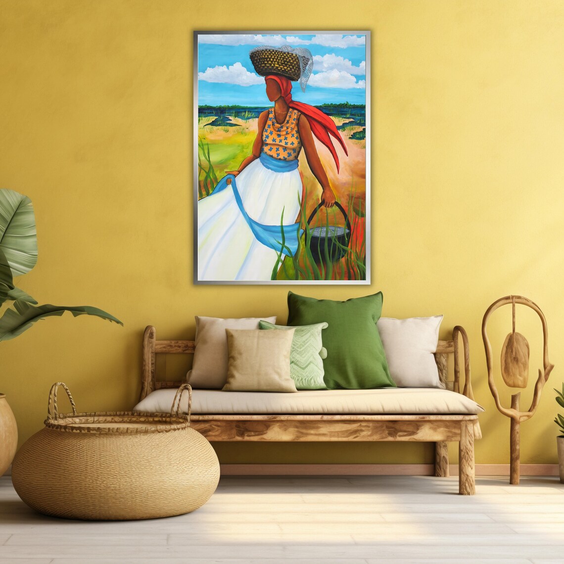 Woman Carrying Basket On Head Field Walk Folk Art Painting Poster - Image 4
