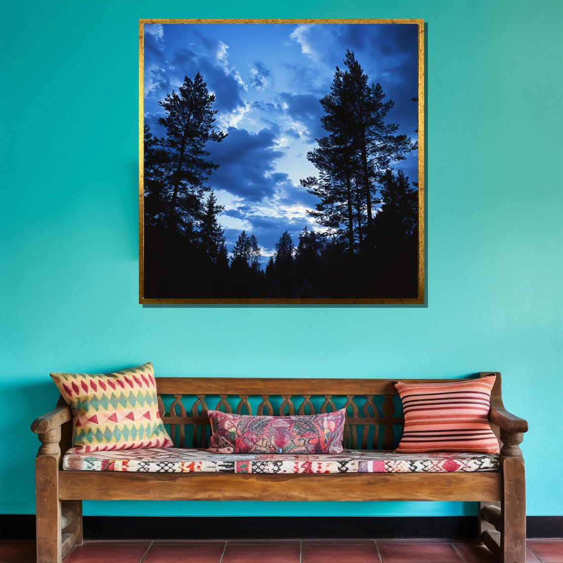 Blue Forest Night Sky Pine Tree Silhouettes Moody Nature Wall Poster - Image 4