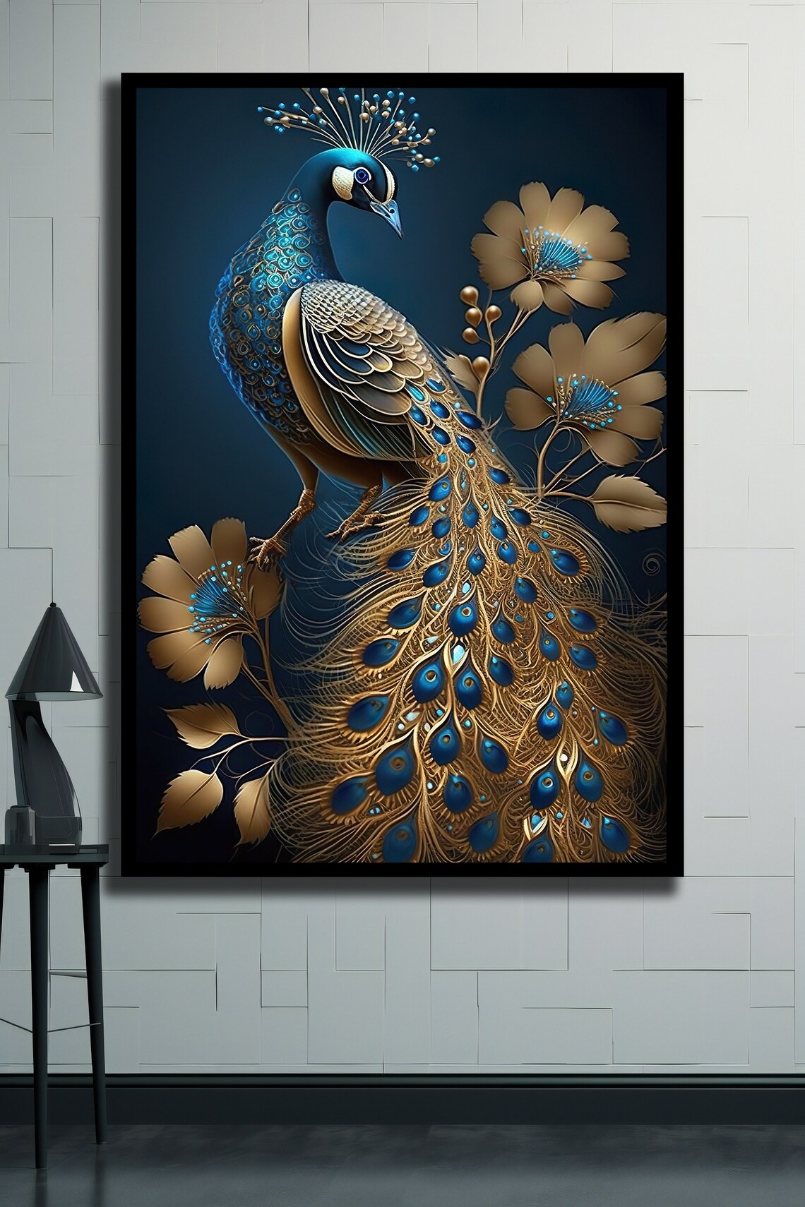 Golden Blue Peacock With Gold Flowers Dark Elegant Art Poster - Image 2